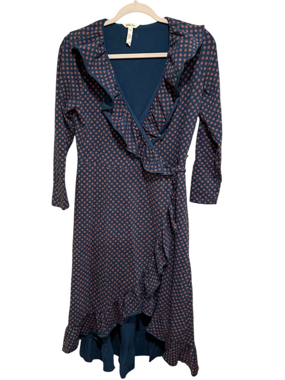 NWOT Matilda Jane Perfect Cotton Blend Navy Dress with Rust Dot Ruffle Wrap - S